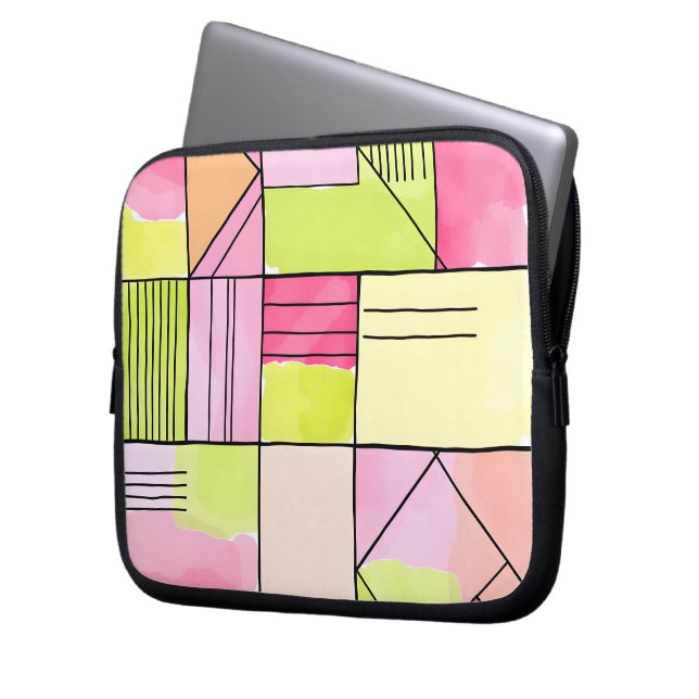 Capa Para Notebook Patchwork Abstrato Rosa e Verde-Limão (Frente Esquerda)