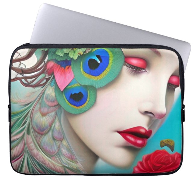Capa Para Notebook Pavão Abstrato com Lábios Vermelhos e Rosas   (Frente)
