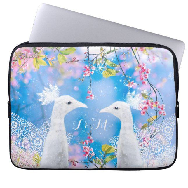 Capa Para Notebook Pavão branco e sakura florescente/personalizável (Frente)
