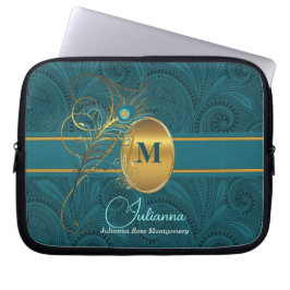 Capa Para Notebook Peacock Monogrammed Elegante Paisley e Dourada