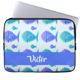 Capa Para Notebook Peixe azul de nome personalizado