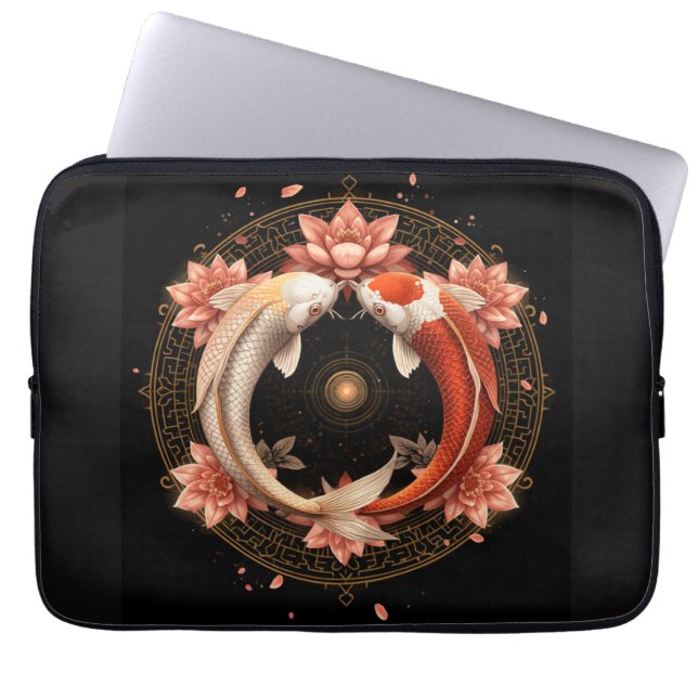 Capa Para Notebook Peixe Koi Yin Yang com Mandala de Lótus (Frente)