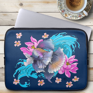 Capa Para Notebook Peixe Lutador Betta Siameses Ondas de Lótus Azul
