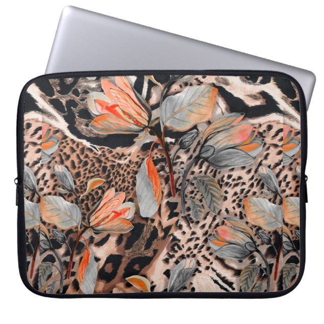 Capa Para Notebook Pele selvagem de animais africanos com flores para (Frente)