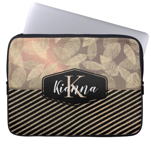 Capa Para Notebook Penas Chic com Glittery Stripes Monograma (Frente)