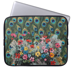 Capa Para Notebook Penas de Pavão Boho e Flores Silvestres