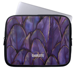 Capa Para Notebook Penas douradas roxas elegantes monograma nome