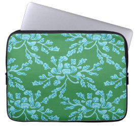 Capa Para Notebook Peônia Sinuosa Xilogravura em Verde e Água-Marinha