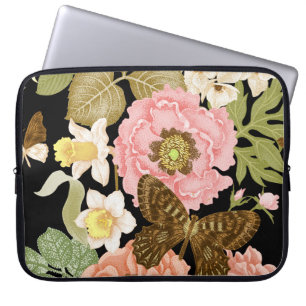 Capa Para Notebook Peônias de Rosas Vintage: Padrão Floral Preto