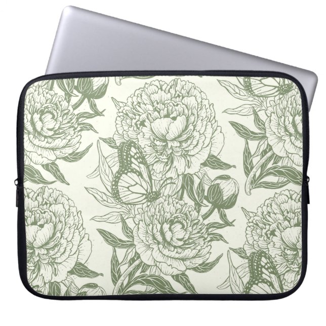 Capa Para Notebook Peônias e borboletas bloqueiam impressão, verde-sá (Frente)