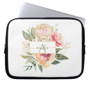 Capa Para Notebook Peony e Flores Douradas Monograma Nome iPad Pro Cv