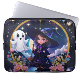 Capa Para Notebook Pequena bruxa com olhos grandes e brilhantes.
