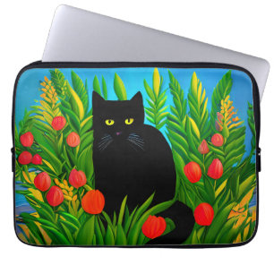 Capa Para Notebook Pequeno Gato Negro em um Jardim de Tulipas