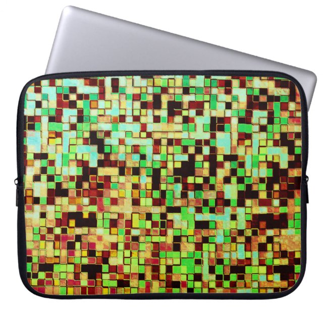 Capa Para Notebook Pequenos quadrados ou azulejos, verdes e laranja,  (Frente)