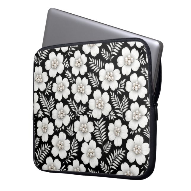 Capa Para Notebook Pérolas Brancas em Padrão de Flores (Frente Esquerda)