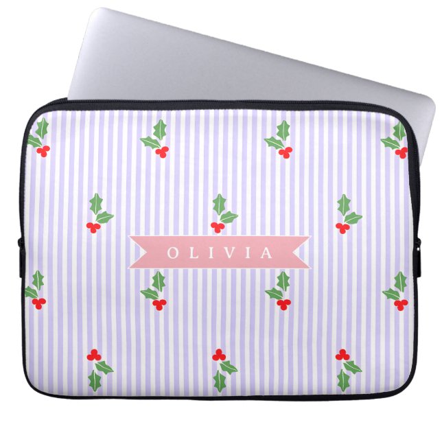 Capa Para Notebook Personalized Cute Striped Holiday Christmas Holly  (Frente)