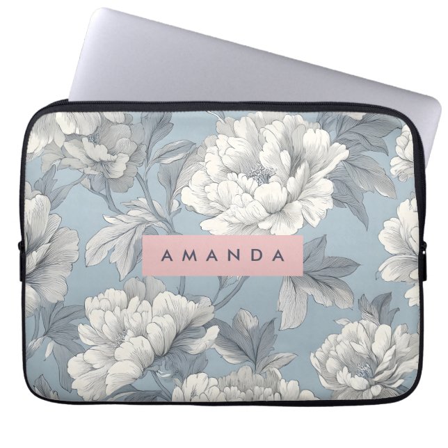 Capa Para Notebook Personalized Elegant Blue and Cream Peony Floral  (Frente)