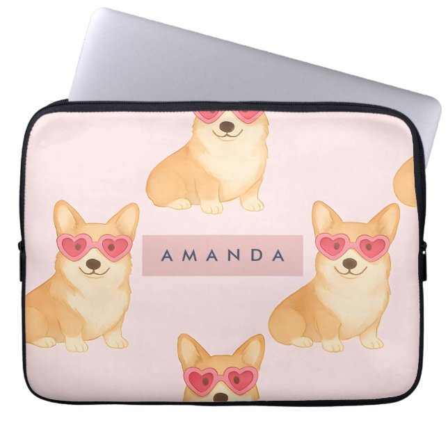 Capa Para Notebook Personalized Kawaii Corgi with Heart Sunglasses (Frente)