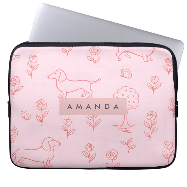 Capa Para Notebook Personalized Pink Dachshund and Flower (Frente)