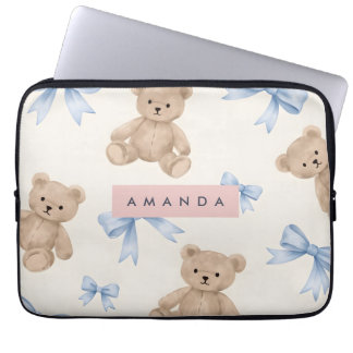 Capa Para Notebook Personalized Teddy Bear & Blue Bow Pattern