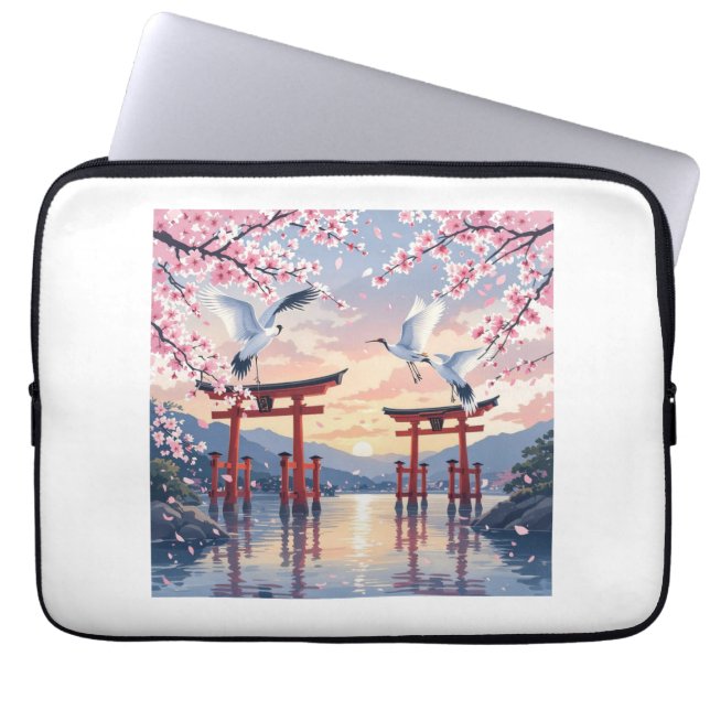 Capa Para Notebook Petal Reverie—A Crane’s Serenade at Sundown (Frente)