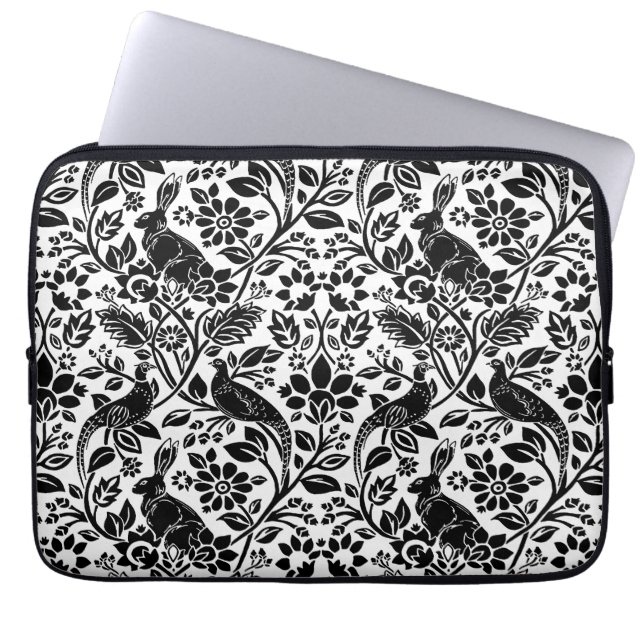 Capa Para Notebook Pheasant and Hare Patterno, Branco e Preto (Frente)