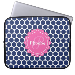 Capa Para Notebook Pink Modern Flower Monograma Padrão Bolinhas Azul