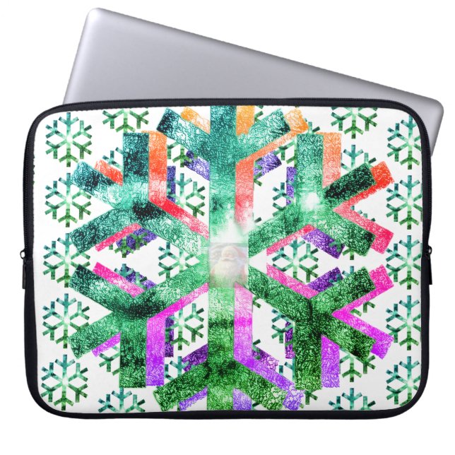 Capa Para Notebook Pink, Purple + Green Snowflakes on Electronics Bag (Frente)
