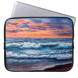 Capa Para Notebook pintura a óleo de Oceano e praia na canvas. G rico