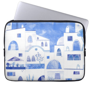 Capa Para Notebook Pintura em Aquarela da Ilha Grega Santorini