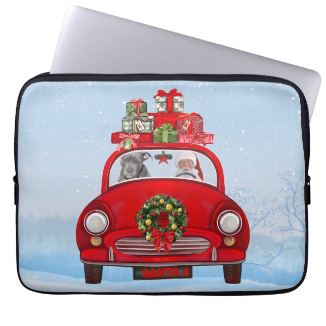Capa Para Notebook Pitbull Dog In Car With Santa Claus  (Frente)
