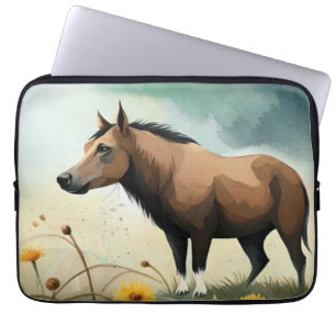 Capa Para Notebook Pônea castanho-branca no campo floral