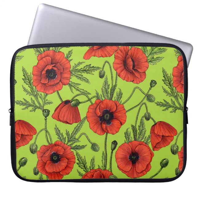 Capa Para Notebook Poppies, vermelhos e verdes no verde limão (Frente)
