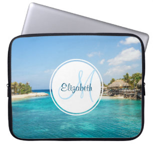 Capa Para Notebook Praia tropical cêntrica com Monograma de Huts Atin