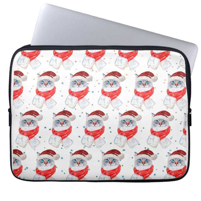 Capa Para Notebook Prata Natal E Gato Branco Com Papai Noel (Frente)