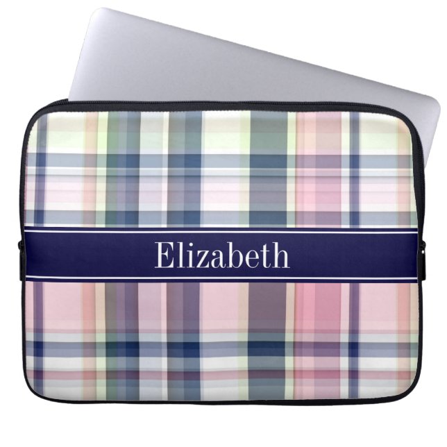 Capa Para Notebook Preppy branco verde-Marinho rosa Madras N Monogram (Frente)