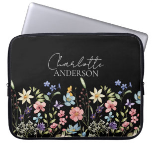 Capa Para Notebook Preto Aquarela Nome de flor selvagem Monograma