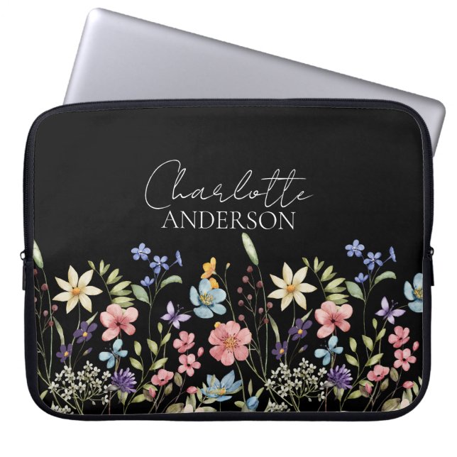 Capa Para Notebook Preto Aquarela Nome de flor selvagem Monograma (Frente)