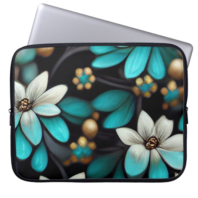 CAPA PARA NOTEBOOK PRETO COM AQUA E FLUXAS DELICADAS BRANCAS (Frente)