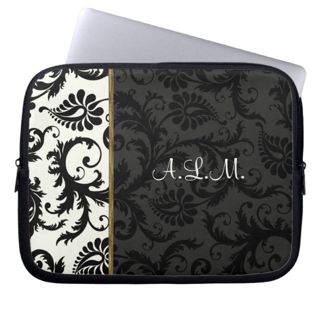Capa Para Notebook Preto, marfim, Dourada Bolsa de laptop Floral (Frente)