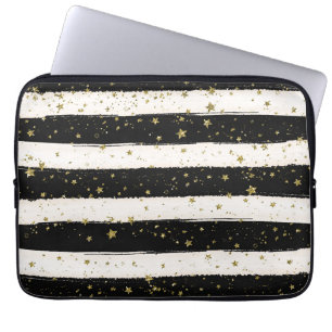Capa Para Notebook Preto White Watercolor Strike Douradas Estrelas da