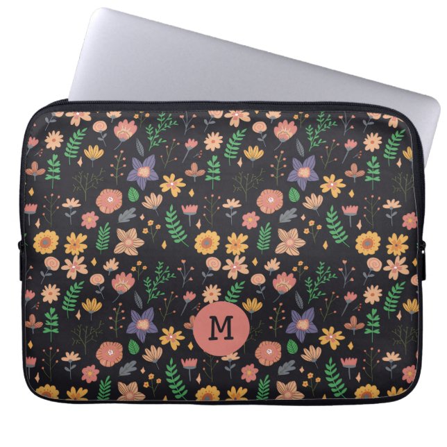Capa Para Notebook Pretty Modern Dark Floral Pattern Monogram (Frente)
