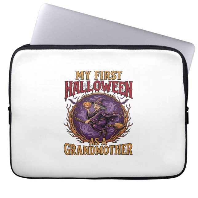 Capa Para Notebook Primeiro Halloween como Avó Bruxa Abóbora Morcegos (Frente)