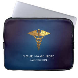 Capa Para Notebook Profissional Caduceu Dourado Azul Marinho Médico