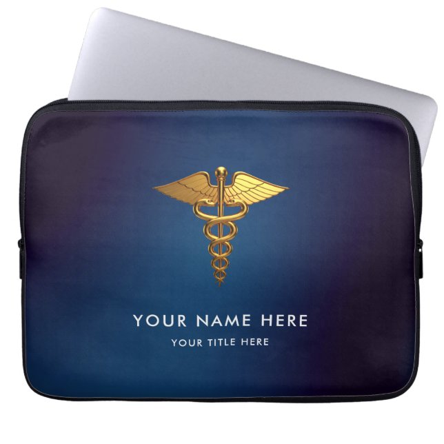Capa Para Notebook Profissional Caduceu Dourado Azul Marinho Médico (Frente)