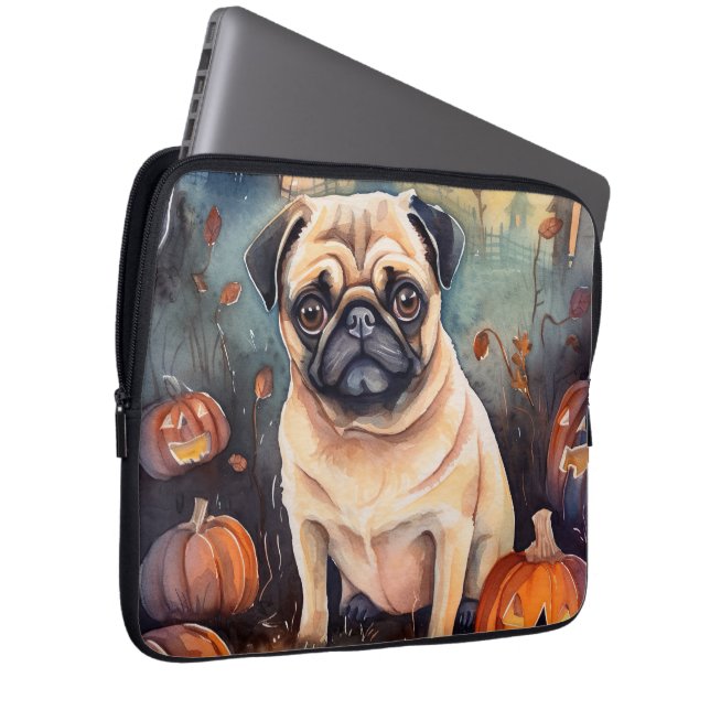 Capa Para Notebook Pug De Halloween Com Pumpkins Assustado (Frente Esquerda)