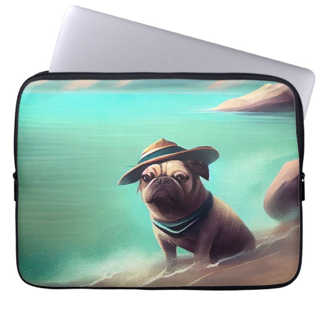 Capa Para Notebook Pug se divertindo na pintura de praia (Frente)