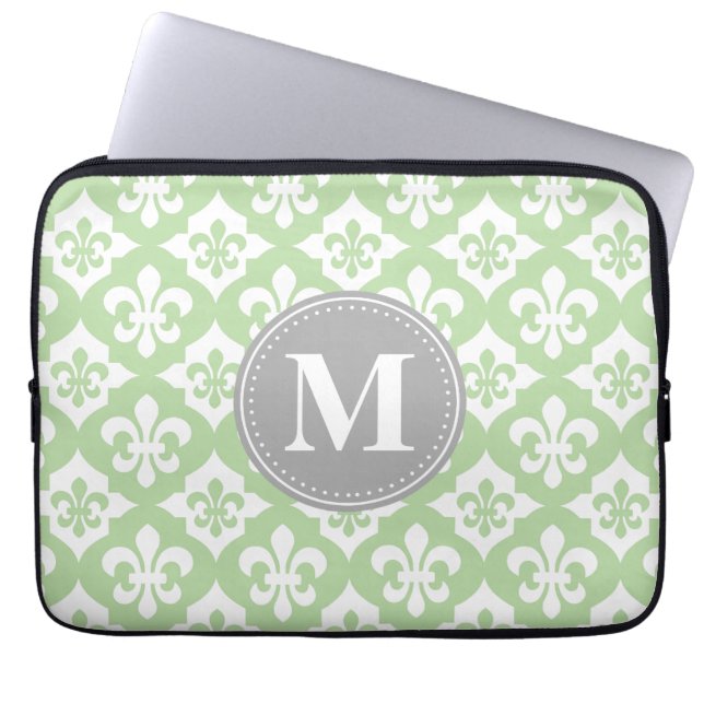 Capa Para Notebook Quatrefoil Fleur-De-Lis Mint Cinza Verde Monograma (Frente)