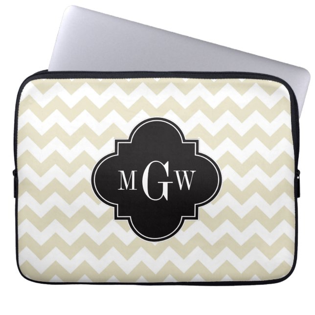 Capa Para Notebook Quatrefoil preto branco bege Quevron 3 Monograma (Frente)