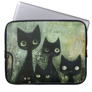 Capa Para Notebook Quatro Gatos Pretos com Margaridas em Cinza Misto